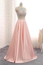 A Line Round Neck Two Pieces Beaded Pink Prom Dress, Two Pieces Pink Prom Dress, Pink Prom Dresses