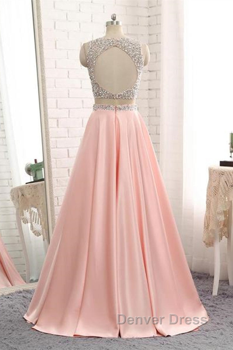 A Line Round Neck Two Pieces Beaded Pink Prom Dress, Two Pieces Pink Prom Dress, Pink Prom Dresses