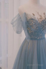 A-Line Round Neckline Blue Tulle With Lace Long Party Dress, Tulle Evening Dress Prom Dress