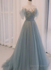 A-Line Round Neckline Blue Tulle With Lace Long Party Dress, Tulle Evening Dress Prom Dress