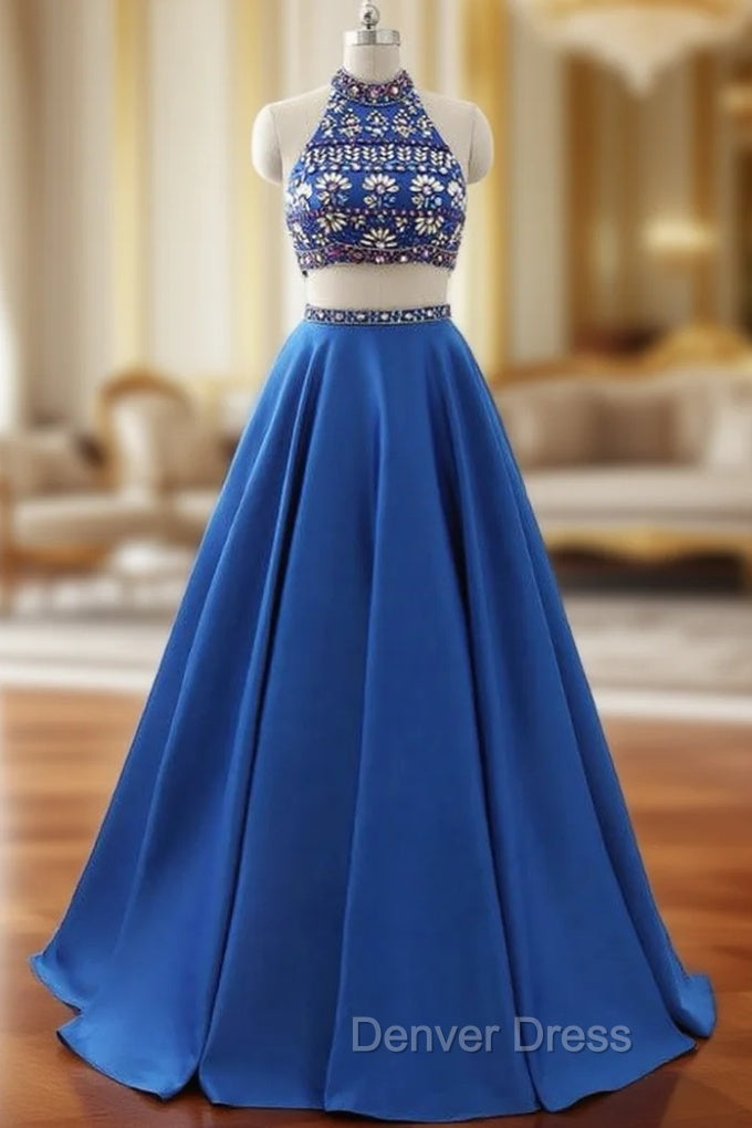 A-Line Royal Blue Satin Two Piece Halter Backless Prom Dresses With Crystal Main image