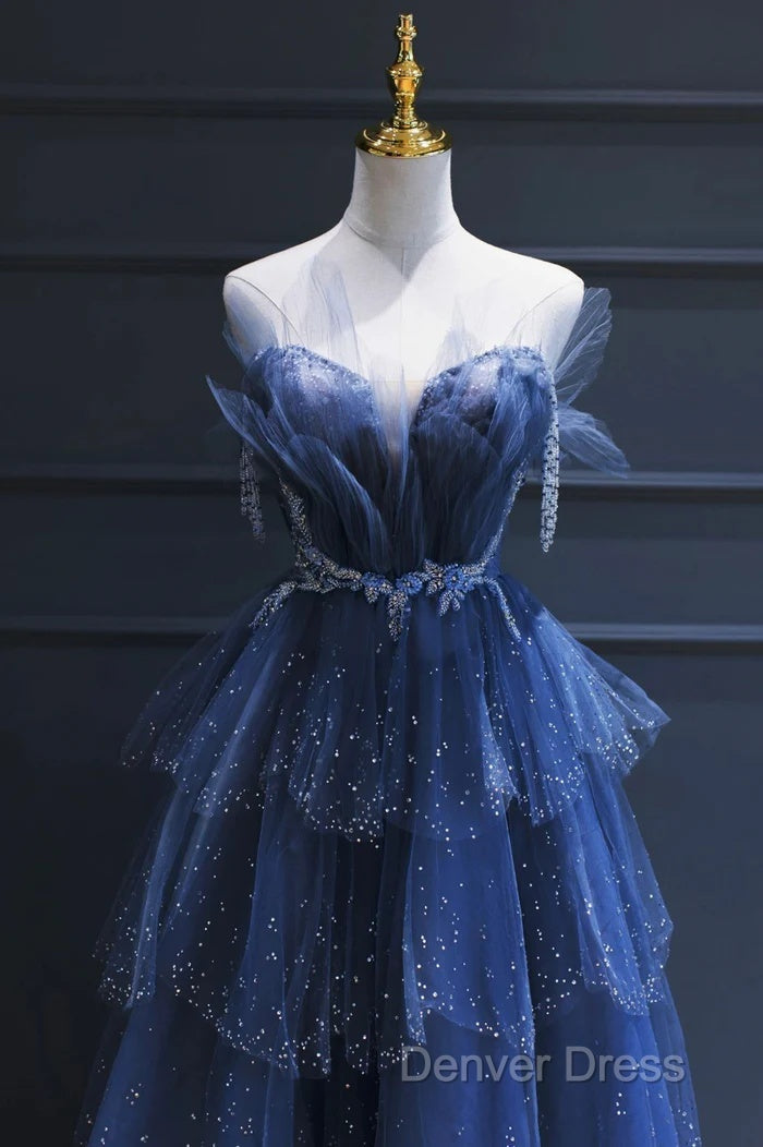 A Line Royal Blue Tulle Beaded Long Senior Prom Dresses Secondary image