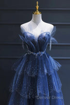 A Line Royal Blue Tulle Beaded Long Senior Prom Dresses