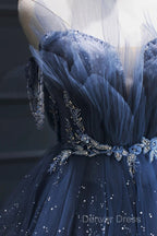 A Line Royal Blue Tulle Beaded Long Senior Prom Dresses