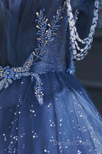 A Line Royal Blue Tulle Beaded Long Senior Prom Dresses