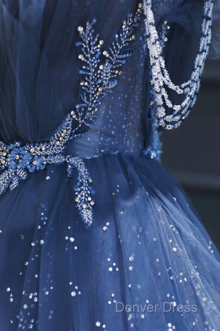 A Line Royal Blue Tulle Beaded Long Senior Prom Dresses