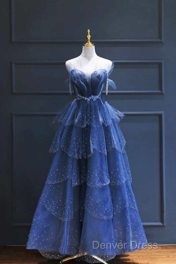 A Line Royal Blue Tulle Beaded Long Senior Prom Dresses