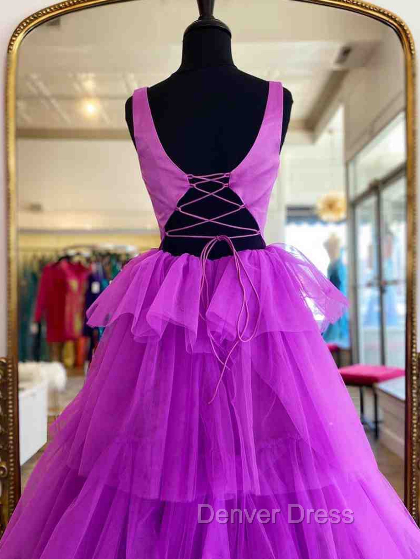 A Line Ruffles Purple Tulle Long Prom Dresses Secondary image