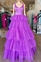 A Line Ruffles Purple Tulle Long Prom Dresses