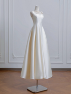 A-Line Satin Beige Long Prom Dresses, Beige Long Formal Dresses