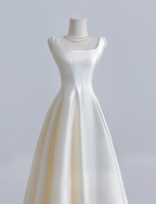 A-Line Satin Beige Long Prom Dresses, Beige Long Formal Dresses