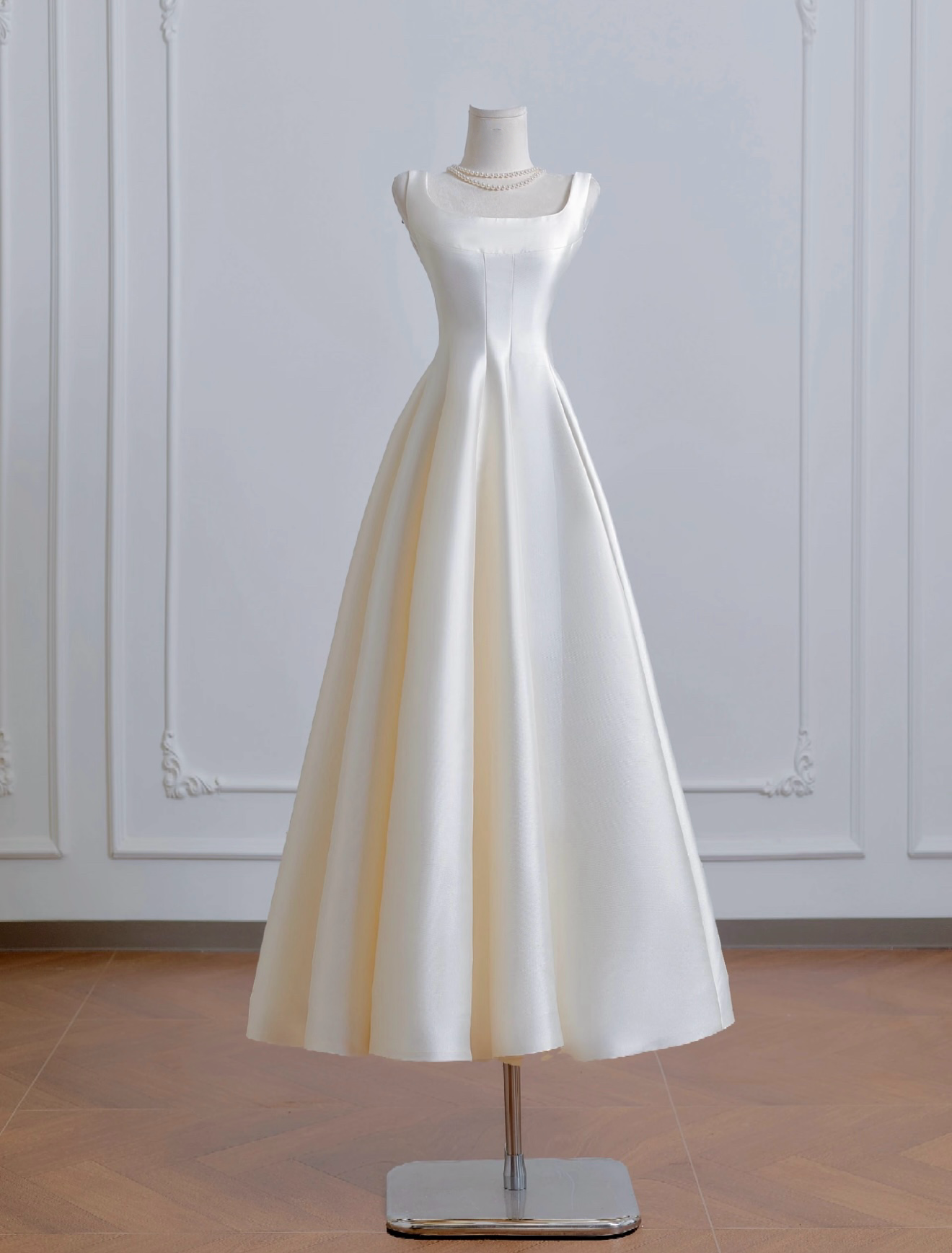 A-Line Satin Beige Long Prom Dresses, Beige Long Formal Dresses Main image