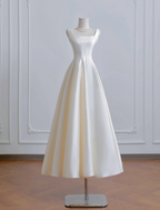 A-Line Satin Beige Long Prom Dresses, Beige Long Formal Dresses