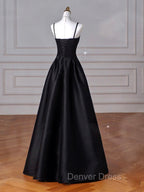 A-Line  Satin Black Long Prom Dresses, Black Long Evening Dresses