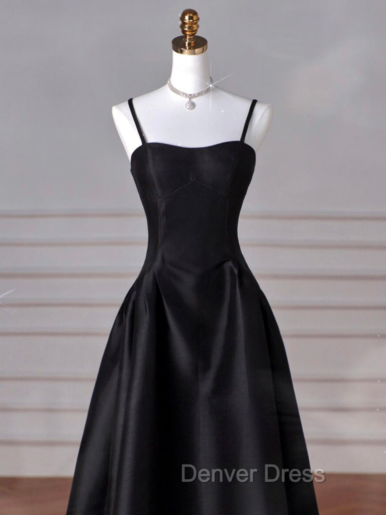 A-Line  Satin Black Long Prom Dresses, Black Long Evening Dresses