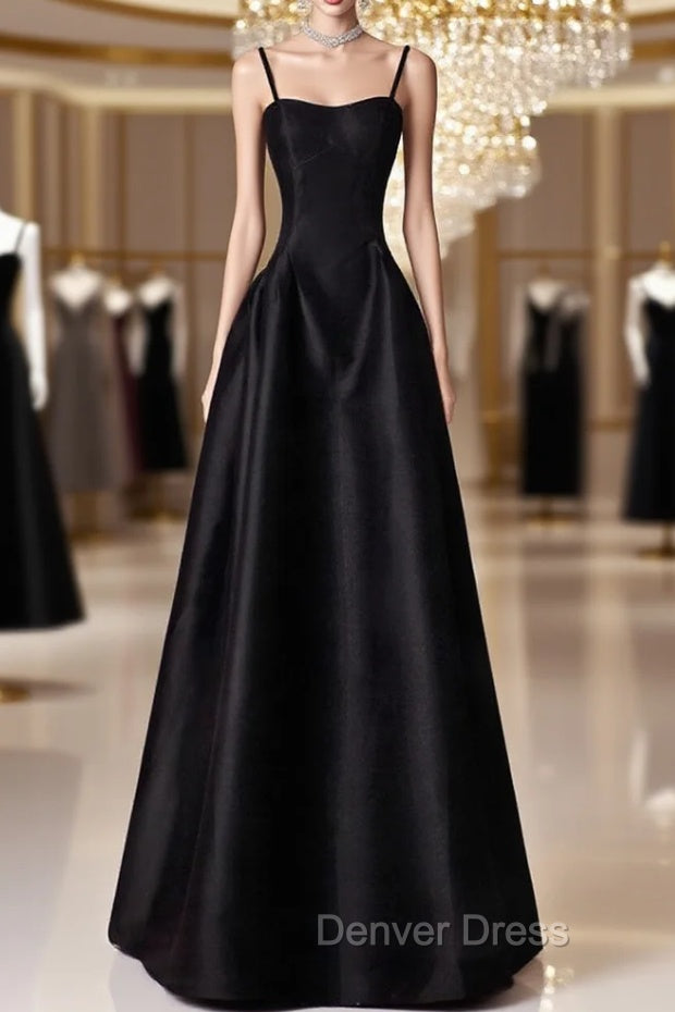 A-Line  Satin Black Long Prom Dresses, Black Long Evening Dresses Main image