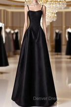 A-Line  Satin Black Long Prom Dresses, Black Long Evening Dresses