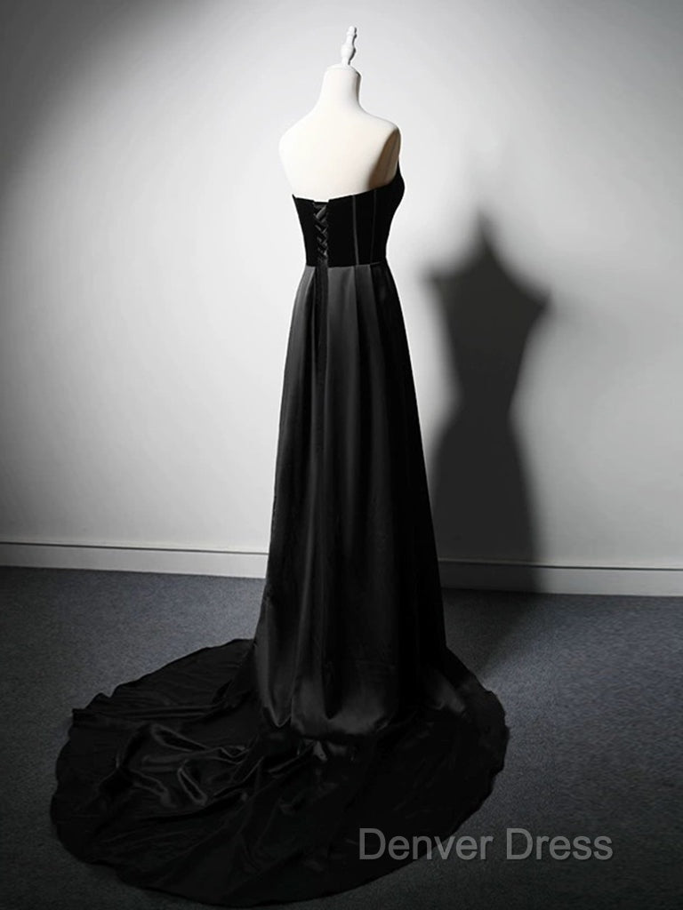 A-Line Satin Black Long Prom Dresses, Black Long Formal Dresses Secondary image