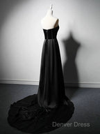 A-Line Satin Black Long Prom Dresses, Black Long Formal Dresses