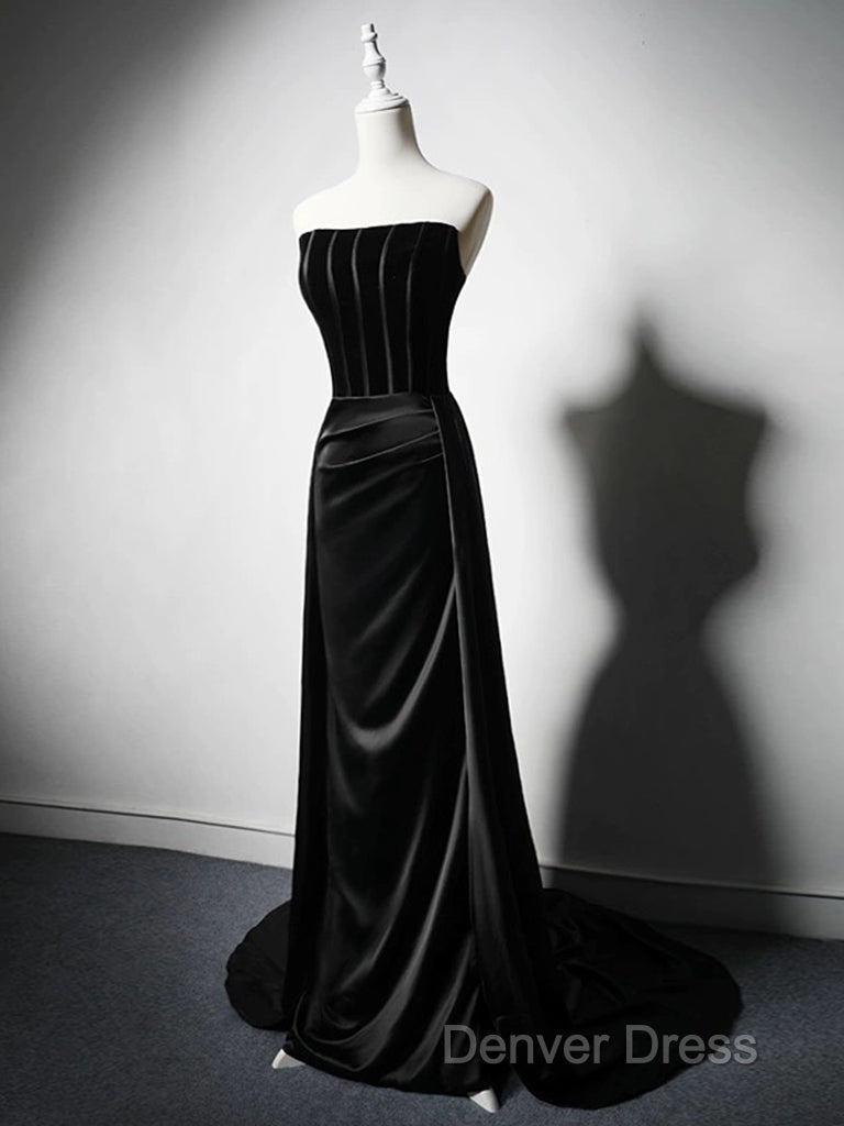 A-Line Satin Black Long Prom Dresses, Black Long Formal Dresses