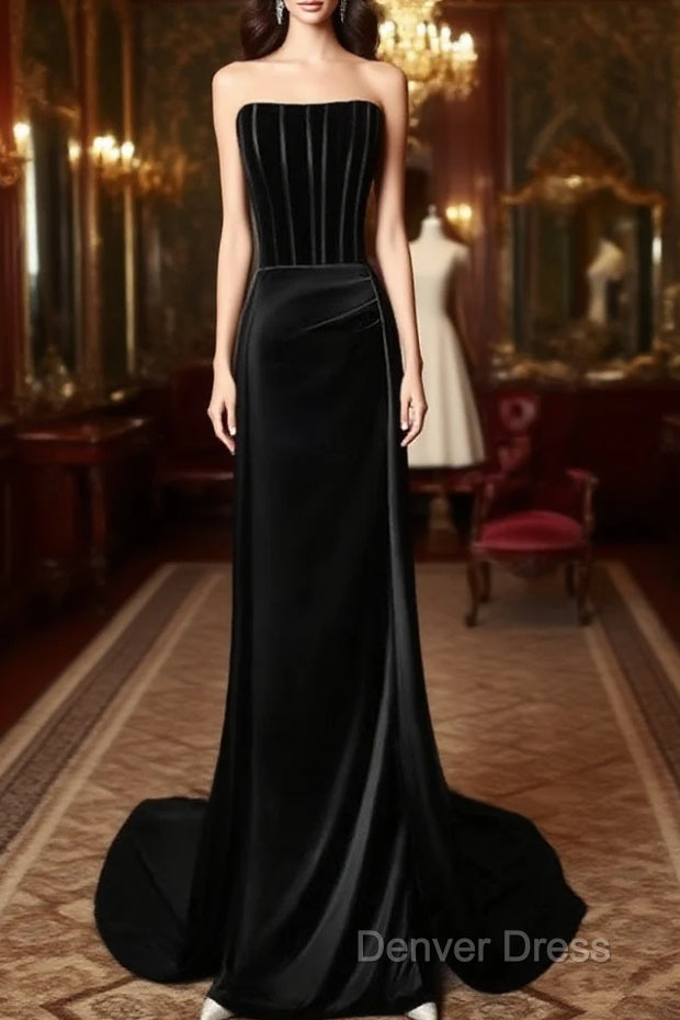 A-Line Satin Black Long Prom Dresses, Black Long Formal Dresses Main image