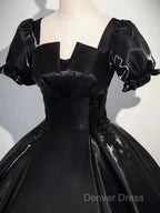 A-Line Satin Black Long Prom Dresses Quinceanera Dresses Short Sleeves Evening Dresses