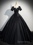 A-Line Satin Black Long Prom Dresses Quinceanera Dresses Short Sleeves Evening Dresses