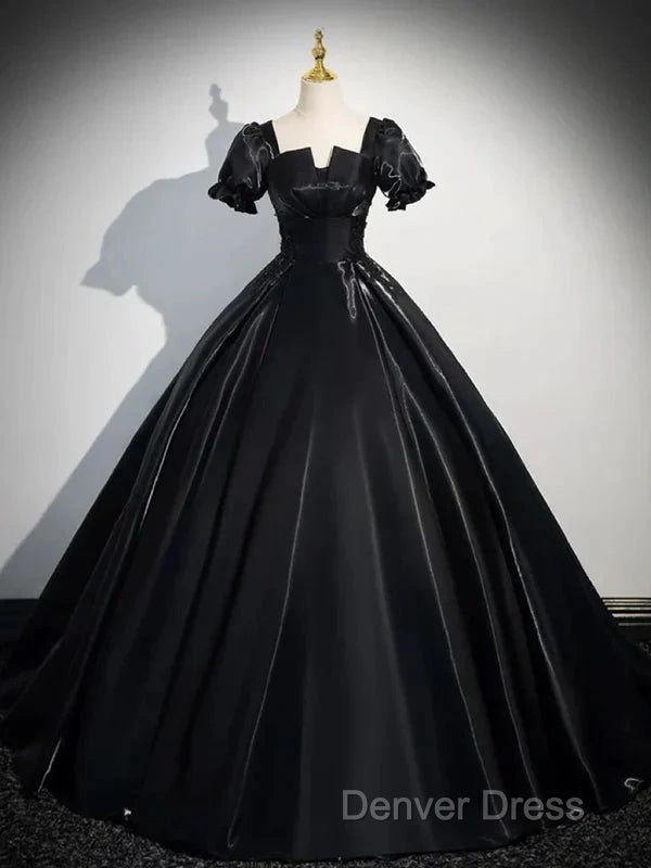 A-Line Satin Black Long Prom Dresses Quinceanera Dresses Short Sleeves Evening Dresses