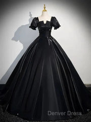 A-Line Satin Black Long Prom Dresses Quinceanera Dresses Short Sleeves Evening Dresses