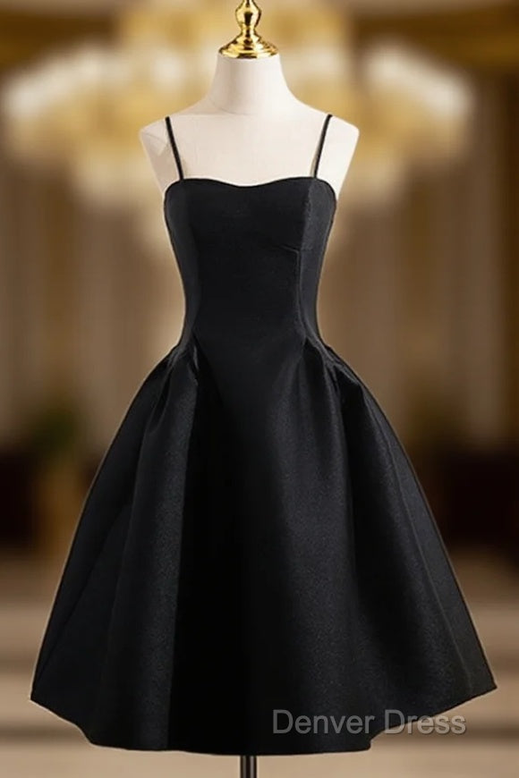 A-Line Satin Black Satin Short Prom Dresses, Black Homecoming Dresses Main image