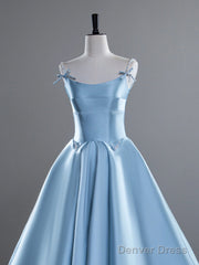 A-Line Satin Blue Long Prom Dress, Blue Long Evening Dress