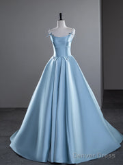 A-Line Satin Blue Long Prom Dress, Blue Long Evening Dress