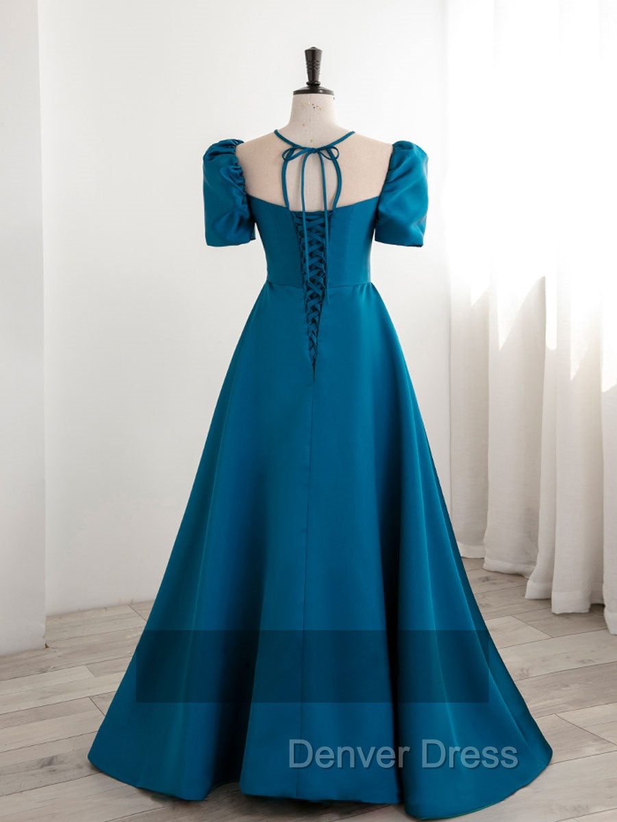 A Line Satin Blue Long Prom Dress, Blue Long Prom Dresses