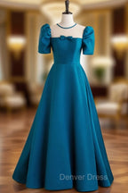 A-Line Satin Blue Long Prom Dresses, Blue Long Formal Evening Dresses
