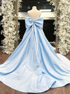 A Line Satin Blue Long Prom Dress, Blue Long Graduation Dresses