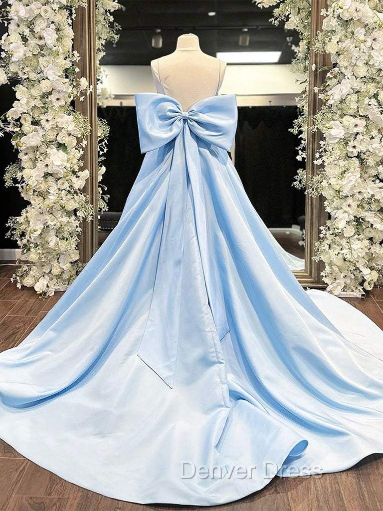 A Line Satin Blue Long Prom Dress, Blue Long Graduation Dresses