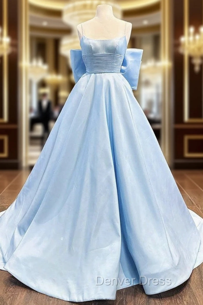 A-Line Satin Blue Long Prom Dresses, Blue Long Graduation Dresses Main image