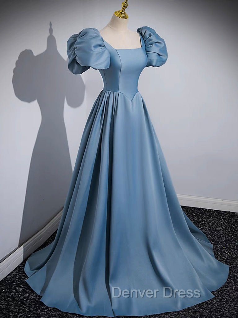 A Line Satin Blue Long Prom Dress, Blue Satin Long Prom Dresses Secondary image