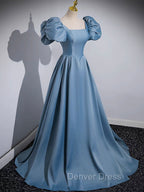 A Line Satin Blue Long Prom Dress, Blue Satin Long Prom Dresses