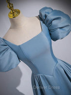 A Line Satin Blue Long Prom Dress, Blue Satin Long Prom Dresses