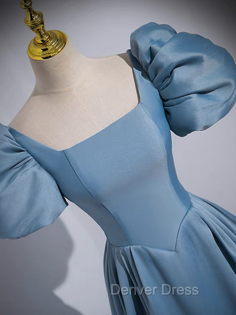 A Line Satin Blue Long Prom Dress, Blue Satin Long Prom Dresses