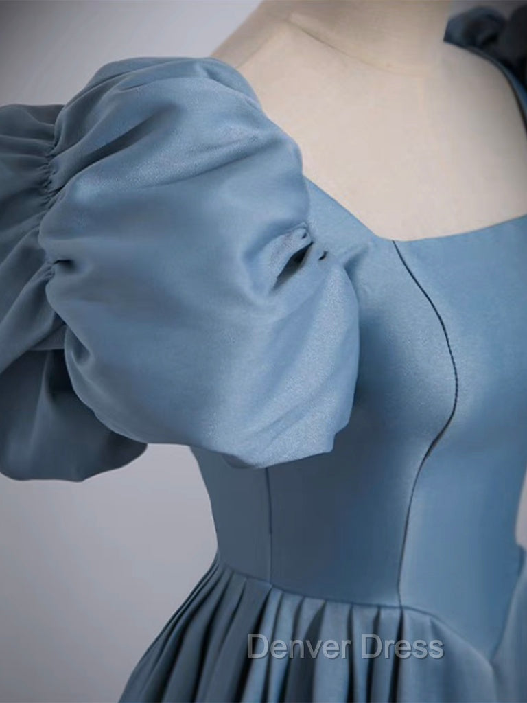 A Line Satin Blue Long Prom Dress, Blue Satin Long Prom Dresses