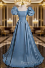 A Line Satin Blue Long Prom Dress, Blue Satin Long Prom Dresses