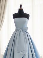 A-Line Satin Blue Long Prom Dresses, Blue Satin Long Formal Dresses
