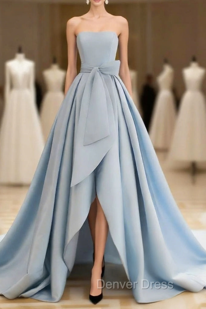 A-Line Satin Blue Long Prom Dresses, Blue Satin Long Formal Dresses