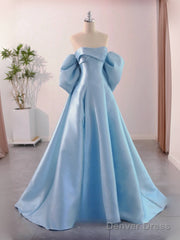 A-Line Satin Blue Long Prom Dress With Bow