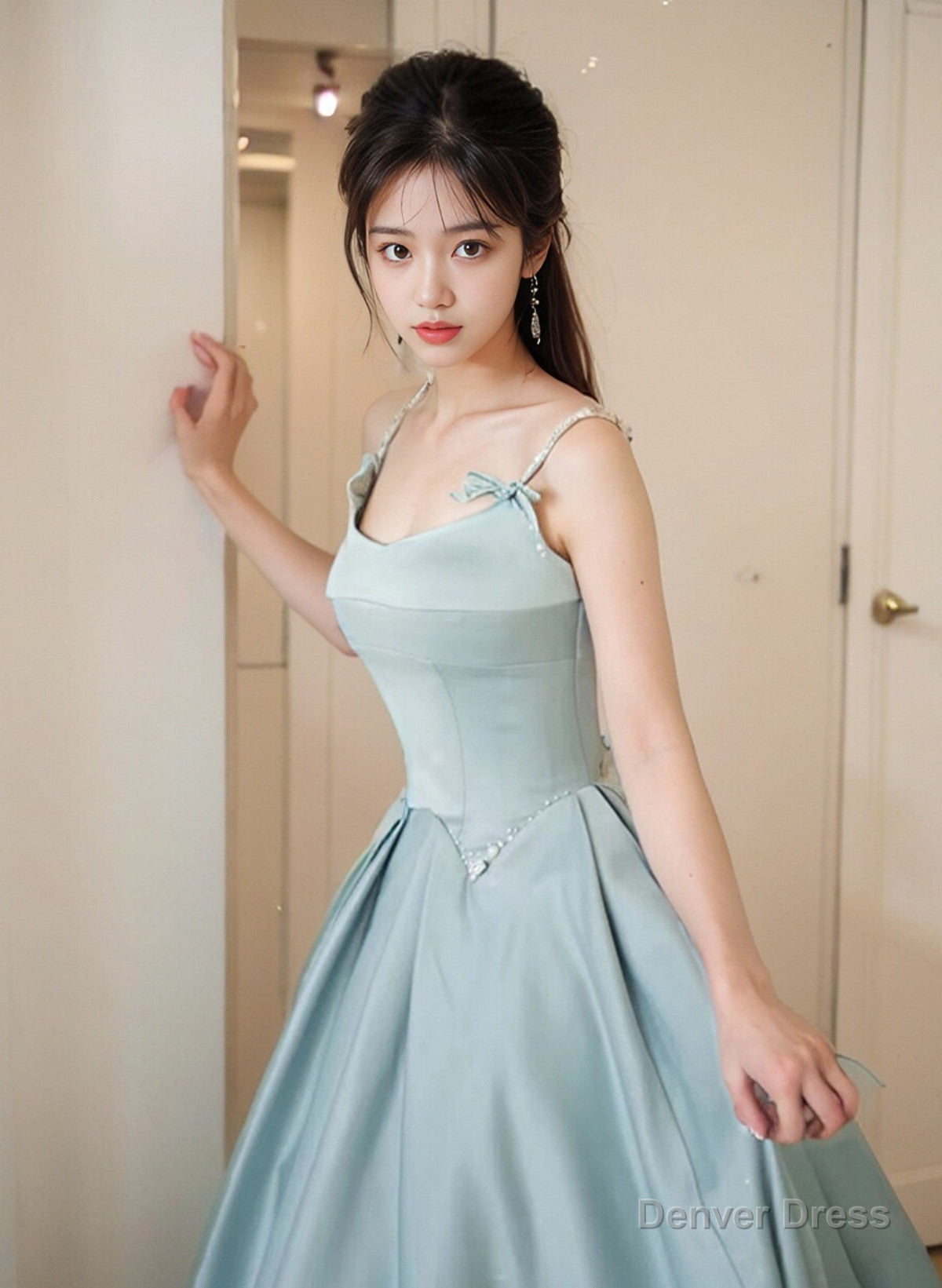 A Line Satin Blue Long Straps Prom Dress, Satin Long Prom Dresses Secondary image
