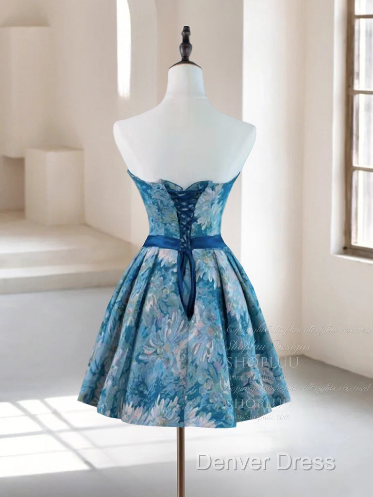 A-Line Satin Blue Short Prom Dresses, Blue Homecoming Dresses Secondary image