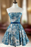 A-Line Satin Blue Short Prom Dresses, Blue Homecoming Dresses