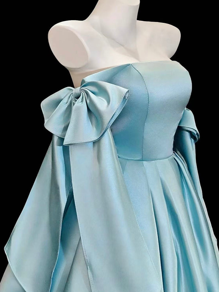 A-Line Satin Blue Short Prom Dresses With Bow Tie Secondary image